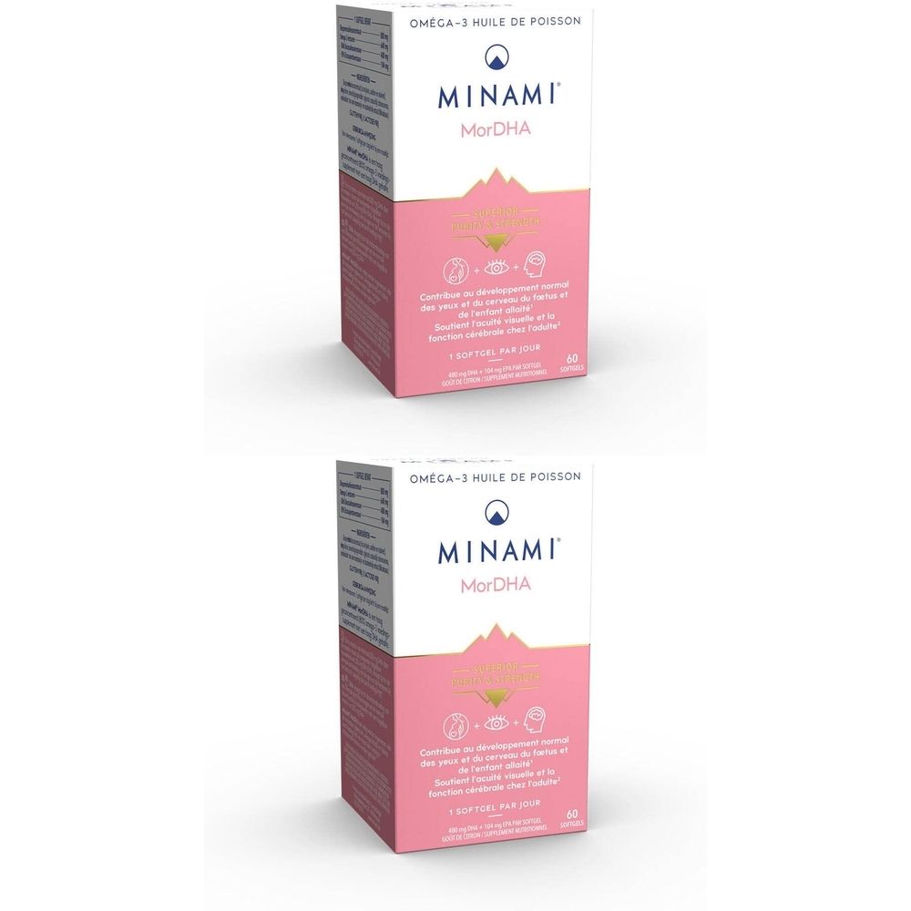 Twee dozen MorDHA. Roze en witte verpakking. Tekst: MINAMI MorDHA. Boven: Omega-3 huile de poisson.