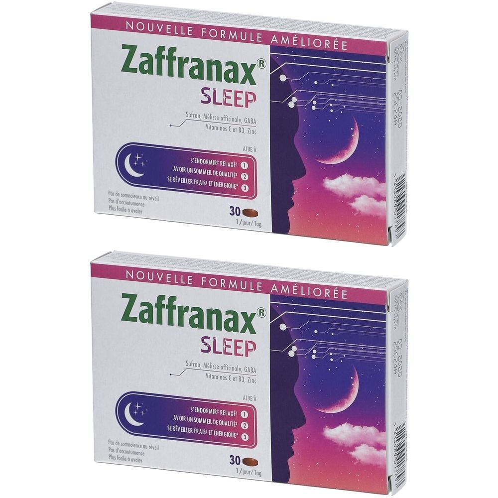 Twee dozen Zaffranax Sleep. Opschrift: Nouvelle Formule Améliorée. 30 tabletten per doos. Illustratie van een profiel met maan.