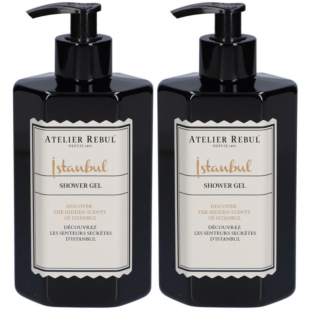 Twee zwarte flessen met pomp. Label met "Atelier Rebul Istanbul Shower Gel".