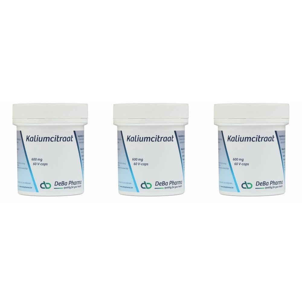 Drie witte potten met deksels. Opschrift: Kaliumcitraat, 600 mg, 60 V-caps. Logo van Deba Pharma.