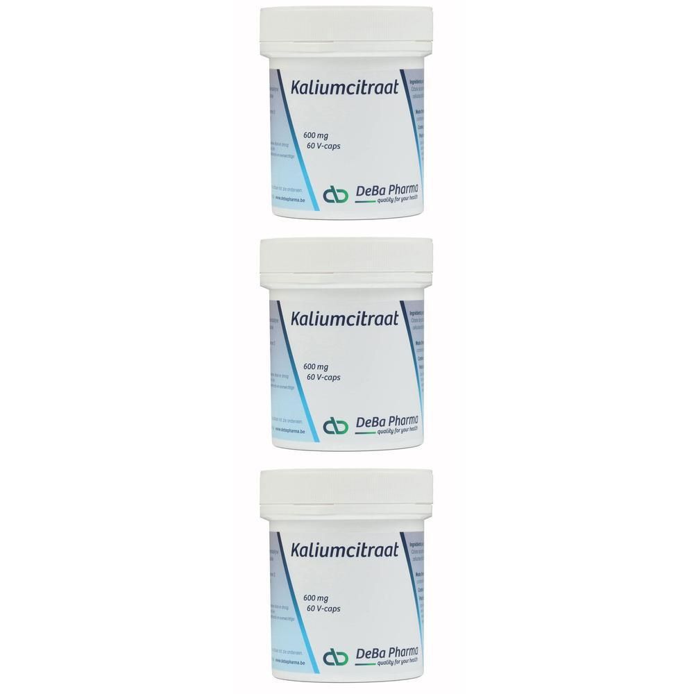Drie witte potten met blauw-witte etikettering. Opschrift: Kaliumcitraat 600 mg, 60 V-caps. Logo DeBa Pharma.