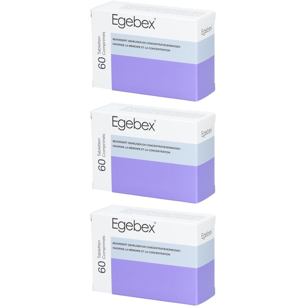 Trois boîtes "Egebex". Chaque boîte a un design violet et blanc et contient 60 comprimés.