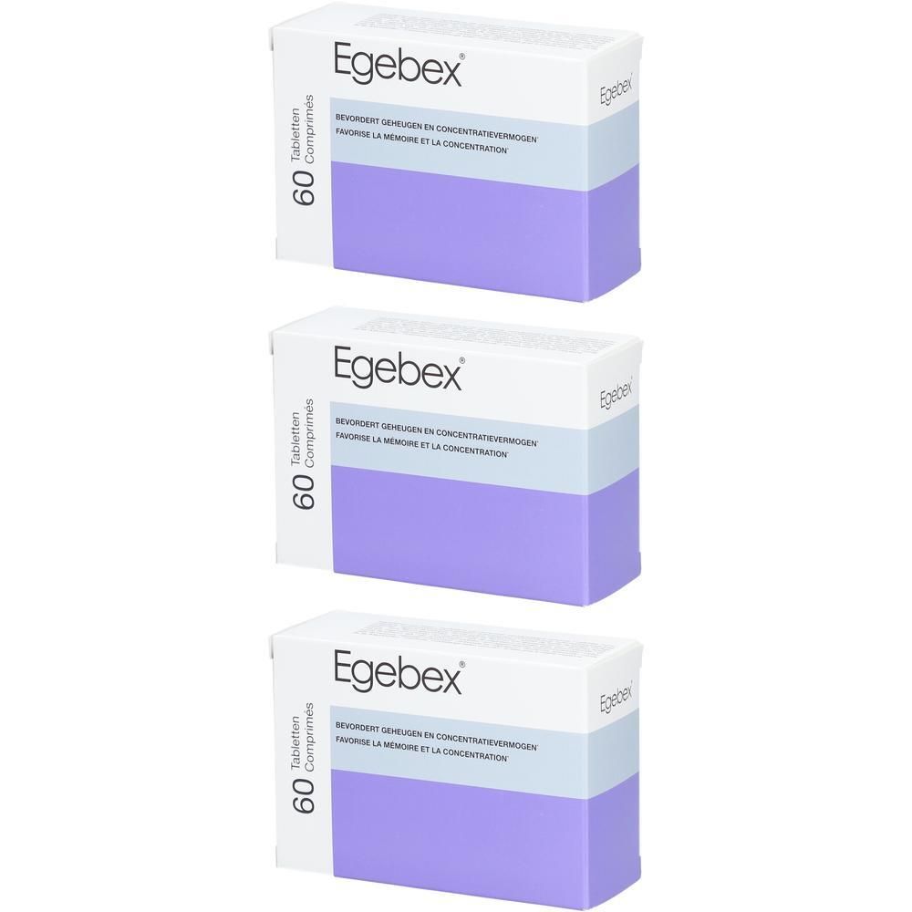 Trois boîtes Egebex. Boîtes blanches avec bandes violettes et bleu clair. Inscription : 60 comprimés.