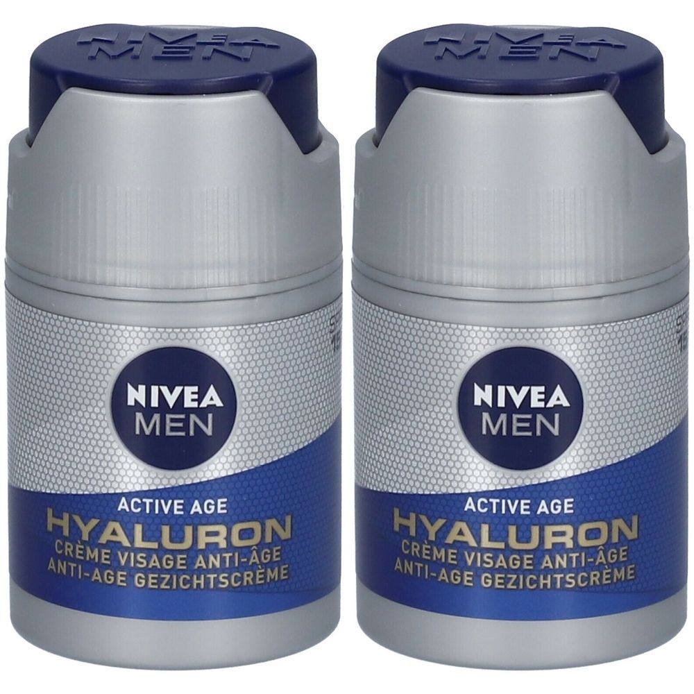 Deux pots gris avec couvercles bleus. Inscription: NIVEA MEN, HYALURON Crème Visage Anti-Âge. SPF15.