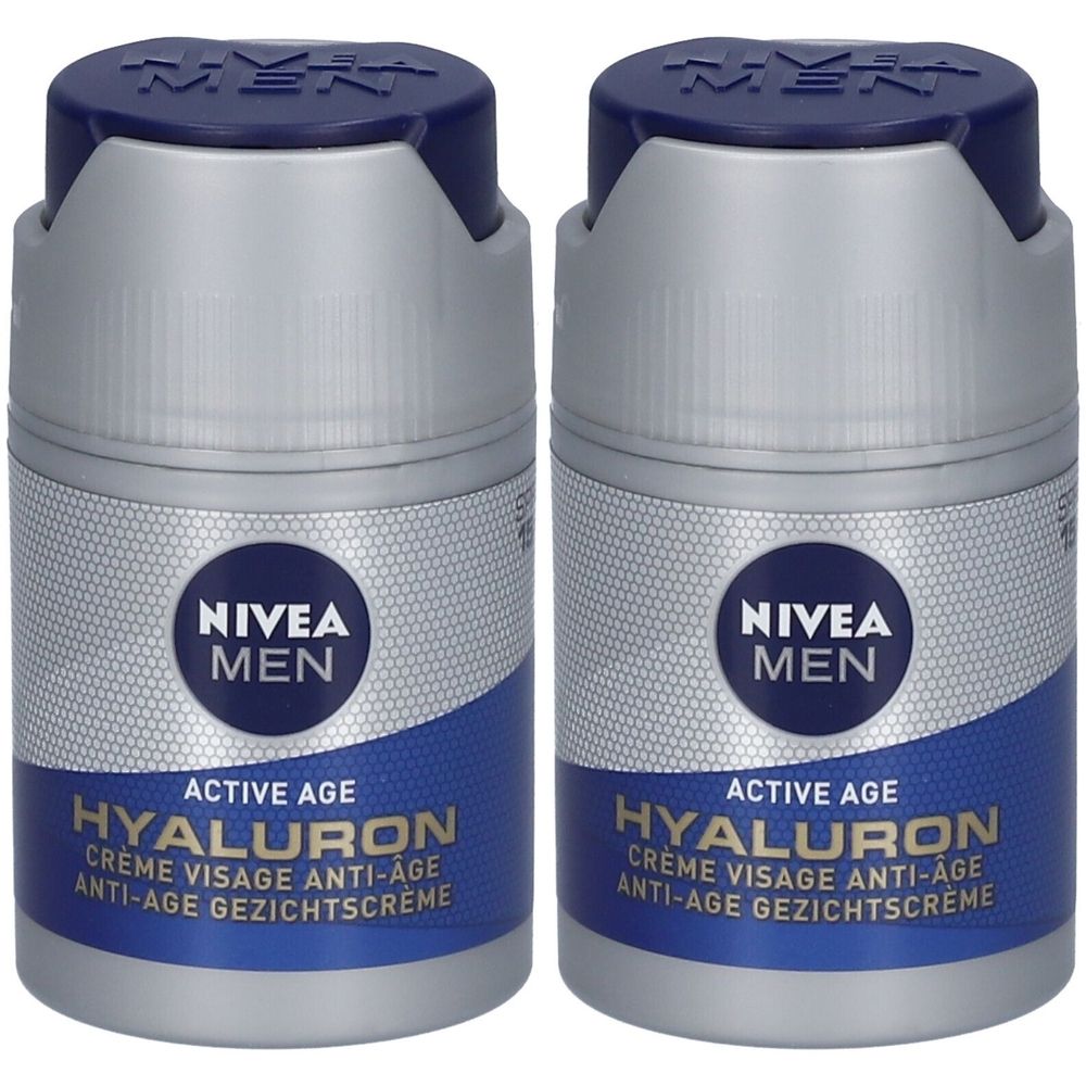 Twee potjes NIVEA Men Active Age Crème Visage Anti-âge SPF15. Blauwe deksels, zilveren containers, blauwe tekst.