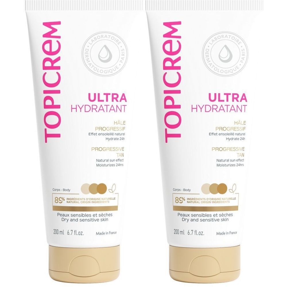 Twee tubes Topicrem Ultra-Hydratant. Wit, roze tekst. Opschrift: Ultra Hydratant, Hâle Progressif, 200 ml. Voor de droge en gevoelige huid.