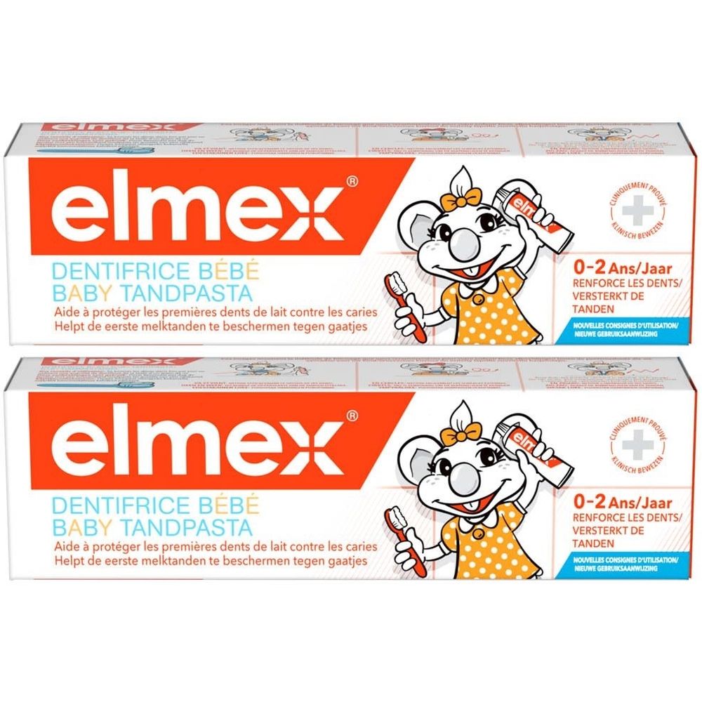 Deux boîtes de dentifrice Elmex Baby. Tubes blancs, texte rouge et illustration de dessin animé.