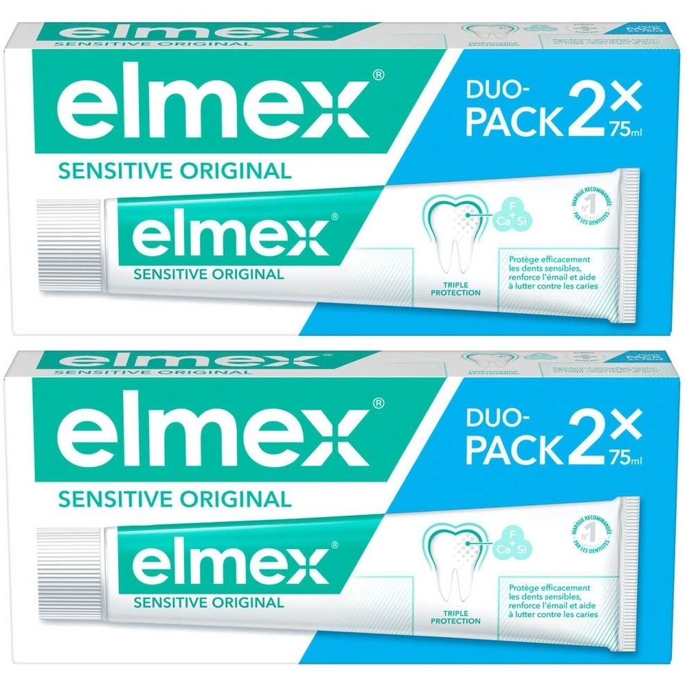 Deux tubes de dentifrice dans un emballage Duo-Pack. Inscription : elmex Sensitive Original. Emballage bleu et blanc.