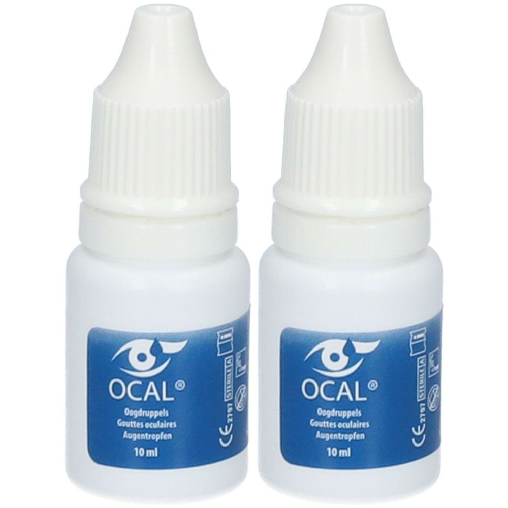 Twee witte flacons met oogdruppels. Opschrift OCAL, oogdruppels, 10 ml. CE-markering.