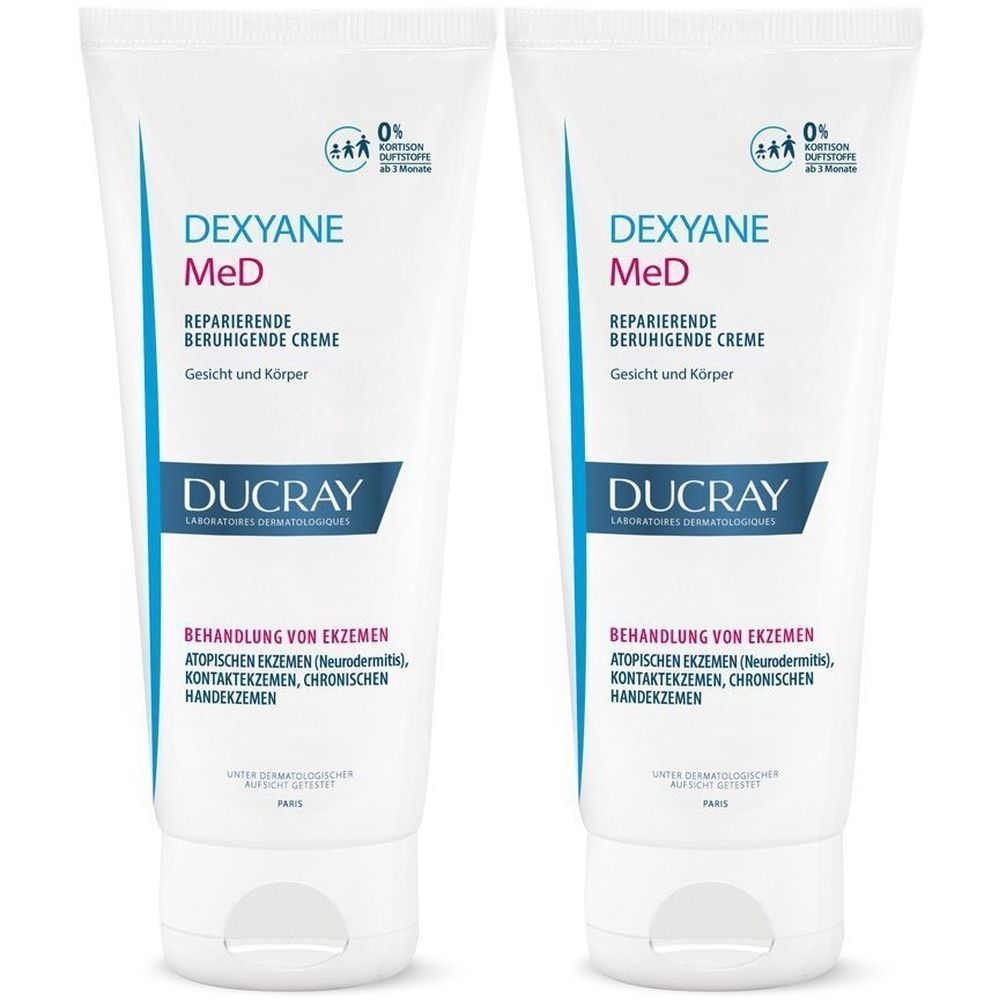 Deux tubes blancs de crème Dexyane MeD. Inscription : Crème réparatrice apaisante, visage et corps. Marque : Ducray. Traitement de l'eczéma.