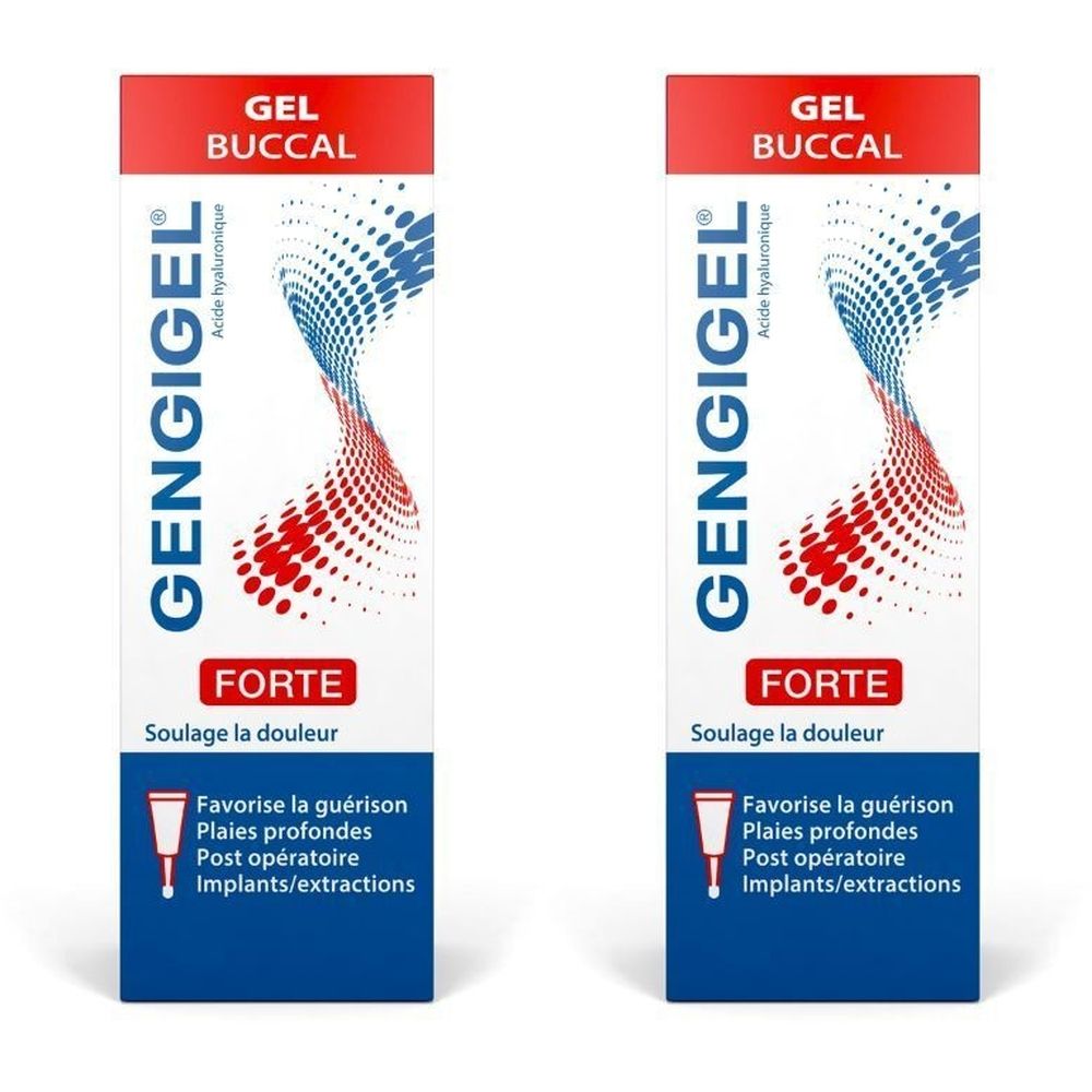Deux boîtes de Gengigel Forte Gel Buccal. Graphique rouge et bleu. Texte: Forte, Soullage la douleur.