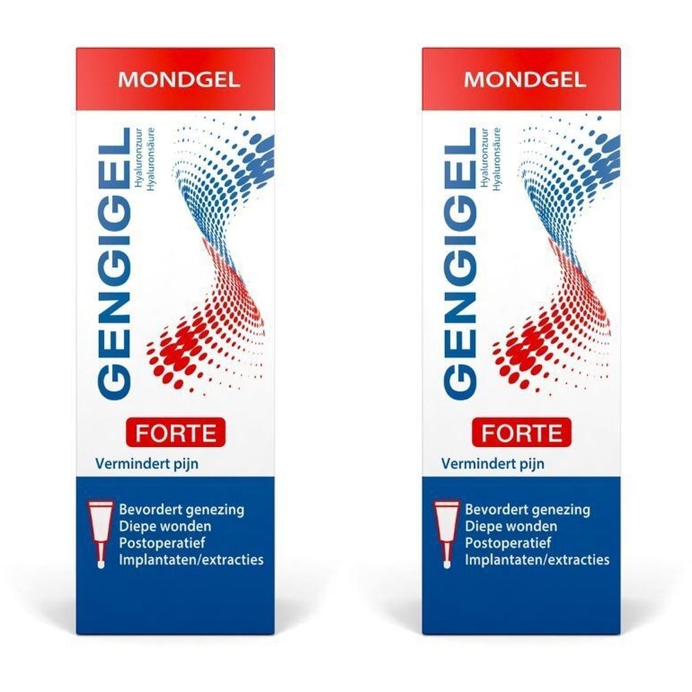 Twee verpakkingen Gengigel Forte Mondgel. Rode en blauwe grafiek. Tekst: Forte, Vermindert pijn.