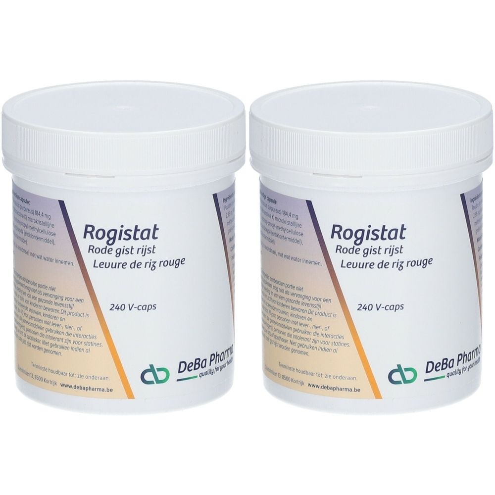 Twee witte potten met deksels. Opschrift Rogistat, Rode gist rijst, Leuure de riz rouge en 240 V-caps. Logo DeBa Pharma.