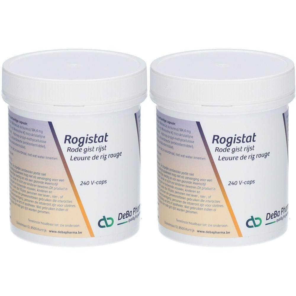 Twee witte potten met deksels. Opschrift: Rogistat, Rode gist rijst, 240 V-caps. Logo DeBa Pharma.