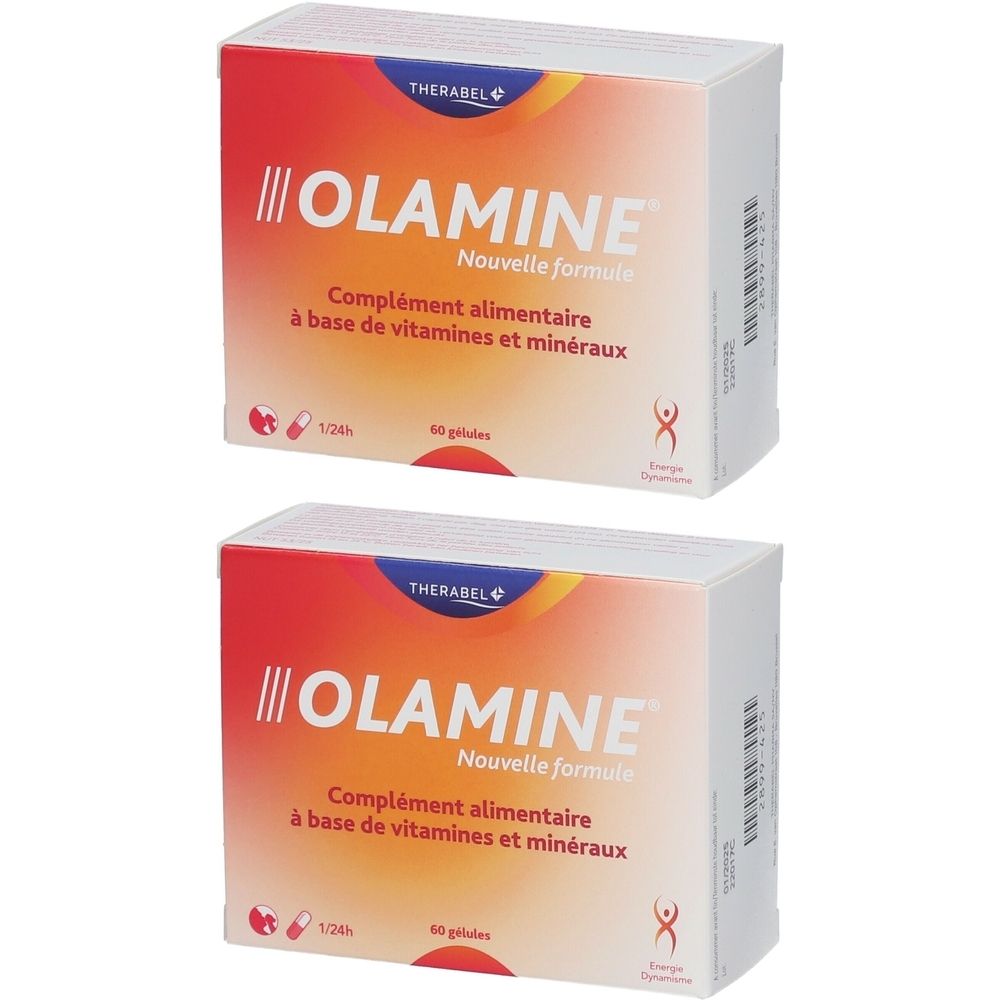 Deux boîtes Olamine. Inscription : Nouvelle formule, Complément alimentaire à base de vitamines et minéraux. Marque : THERABEL.