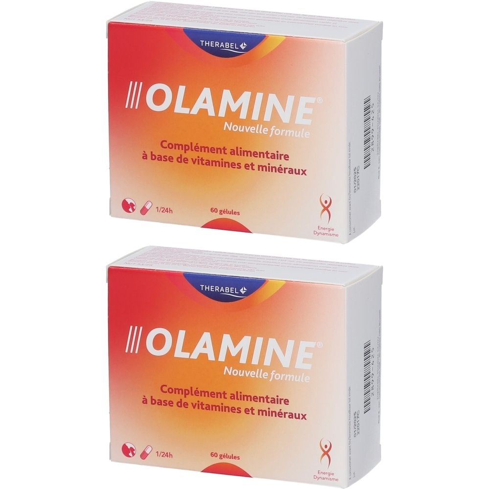 Twee dozen Olamine. Witte verpakking met rode en gele gradiënt. Tekst: Olamine, Nouvelle formule, 60 gélules.