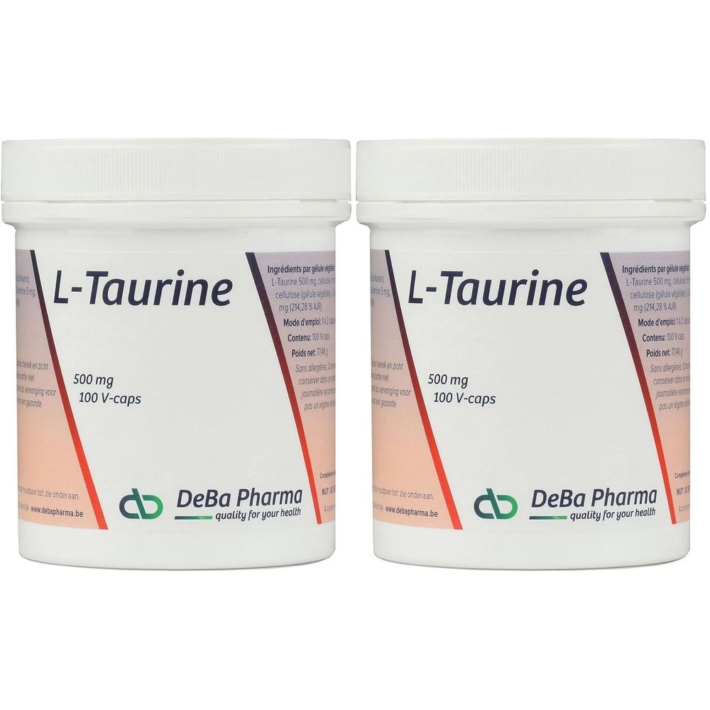 Twee witte potten met de tekst "L-Taurine". Opschrift: 500 mg, 100 V-caps. Merk: DeBa Pharma.