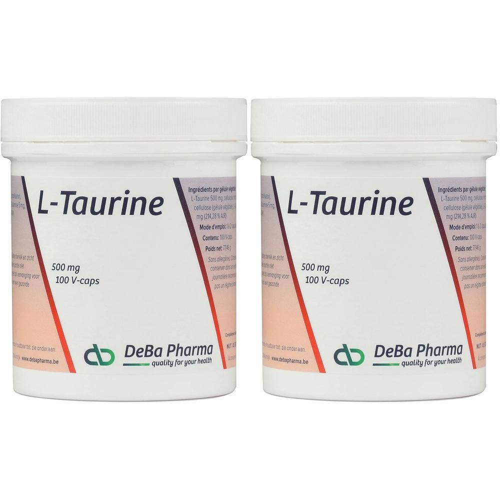 Twee witte potten met "L-Taurine". Daaronder "500 mg 100 V-caps" en het DeBa Pharma logo. Ingrediënten en info.