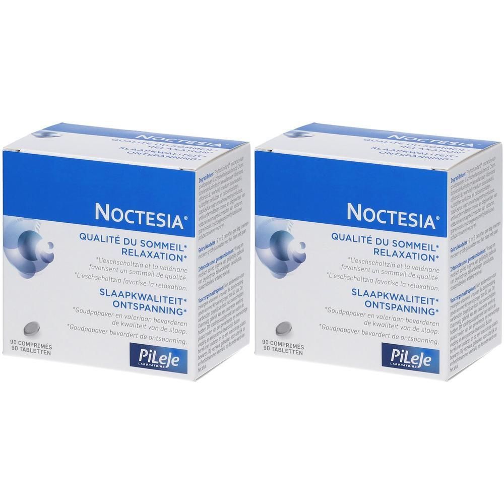Twee vierkante dozen Noctesia, blauw-witte verpakking. Tekst: Qualité du sommeil, Relaxation, Slaapkwaliteit, Ontspanning. Merk PiLeJe.