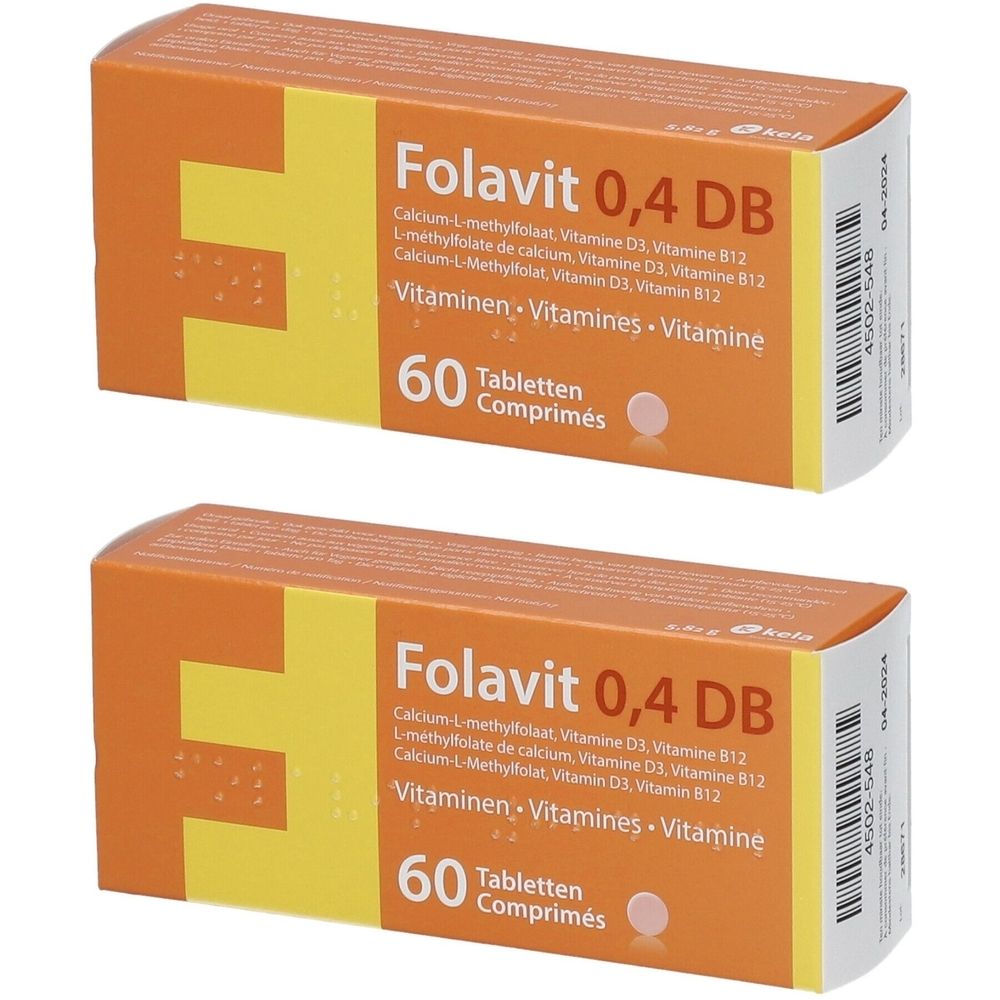 Deux boîtes oranges avec "Folavit 0,4 DB" et "60 comprimés". Contient des vitamines.