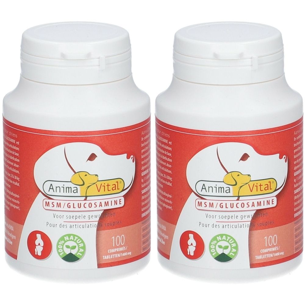 Deux flacons blancs avec étiquettes rouges. L'étiquette indique "Anima Vital MSM/Glucosamine" avec un logo de tête de chien et l'inscription "100 Comp".