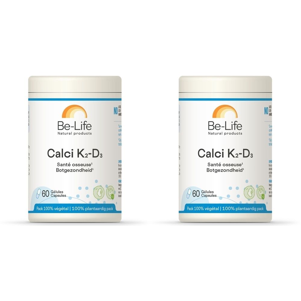Deux boîtes blanches "Be-Life Calci K2-D3". Inscriptions en français et néerlandais. Contient 60 gélules.