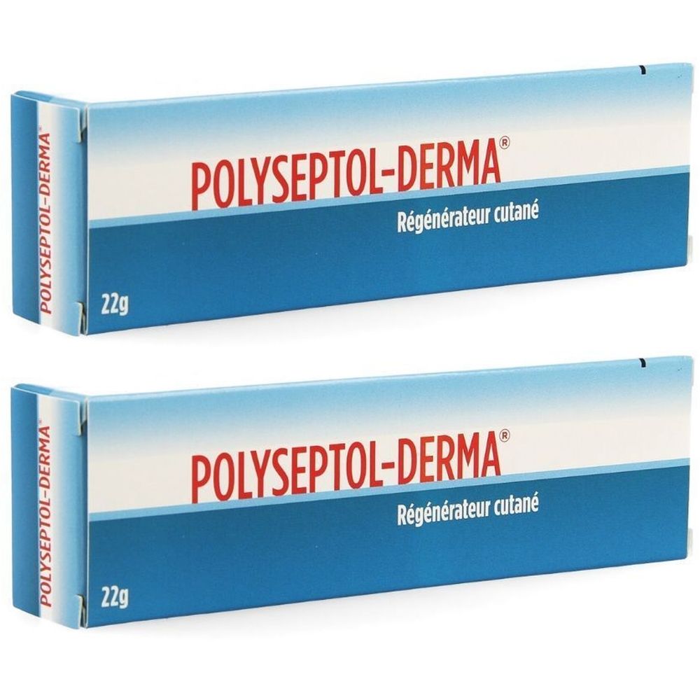 Deux boîtes de Polyseptol-Derma. Emballage bleu et blanc avec texte rouge. 22g. "Régénérateur cutané" en dessous.