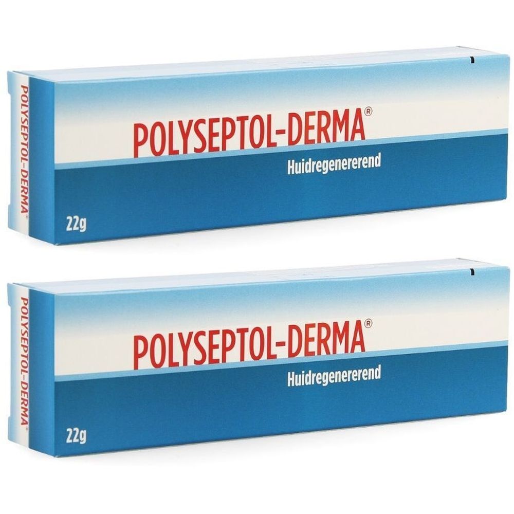 Twee dozen Polyseptol-Derma. Blauw-witte verpakking met rode tekst. 22g. "Huidregenererend" eronder.