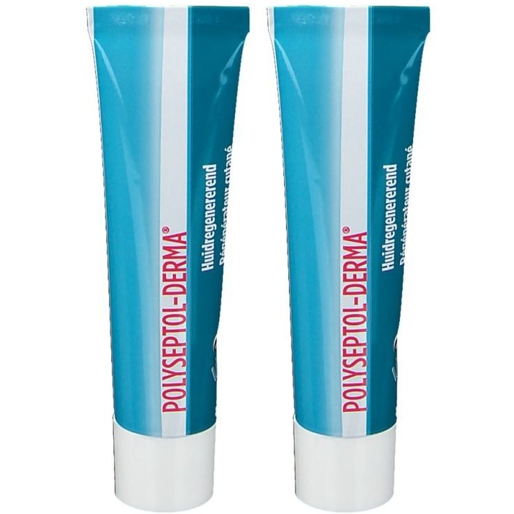 Twee tubes Polyseptol-Derma. Blauwe tubes met witte streep en tekst. Nederlandse en Franse tekst.