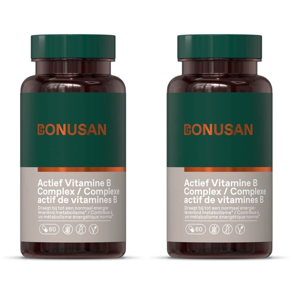 Twee flessen Bonusan Actief Vitamine B Complex. Bruine flessen met groene dop en etiket. Tekst: Actief Vitamine B Complex / Complexe.