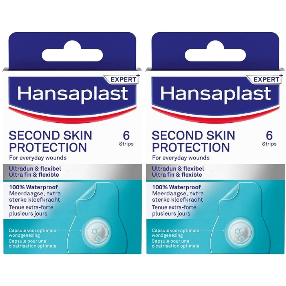 Twee verpakkingen Hansaplast pleisters. Opschrift: Second Skin Protection, 6 strips. 100% waterdicht. Ultra dun & flexibel.