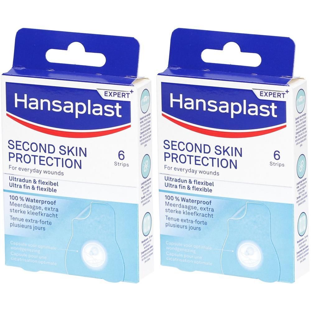 Twee verpakkingen Hansaplast Second Skin Protection. Elke verpakking bevat 6 pleisters.