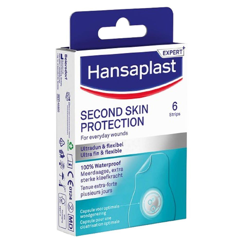 Een verpakking Hansaplast Second Skin Protection met 6 pleisters. Verpakking met informatie.