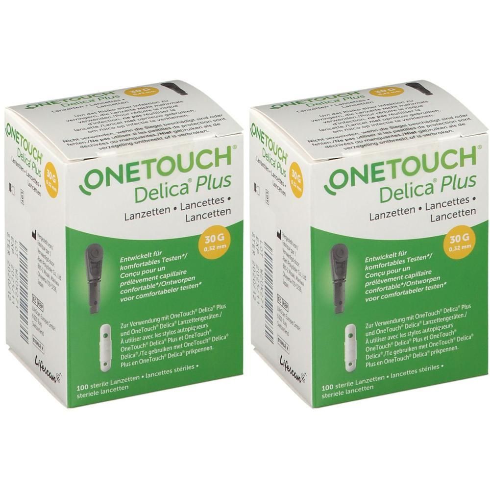Twee dozen ONETOUCH Delica Plus lancetten. Elke doos toont een productafbeelding en tekst. 100 steriele lancetten.