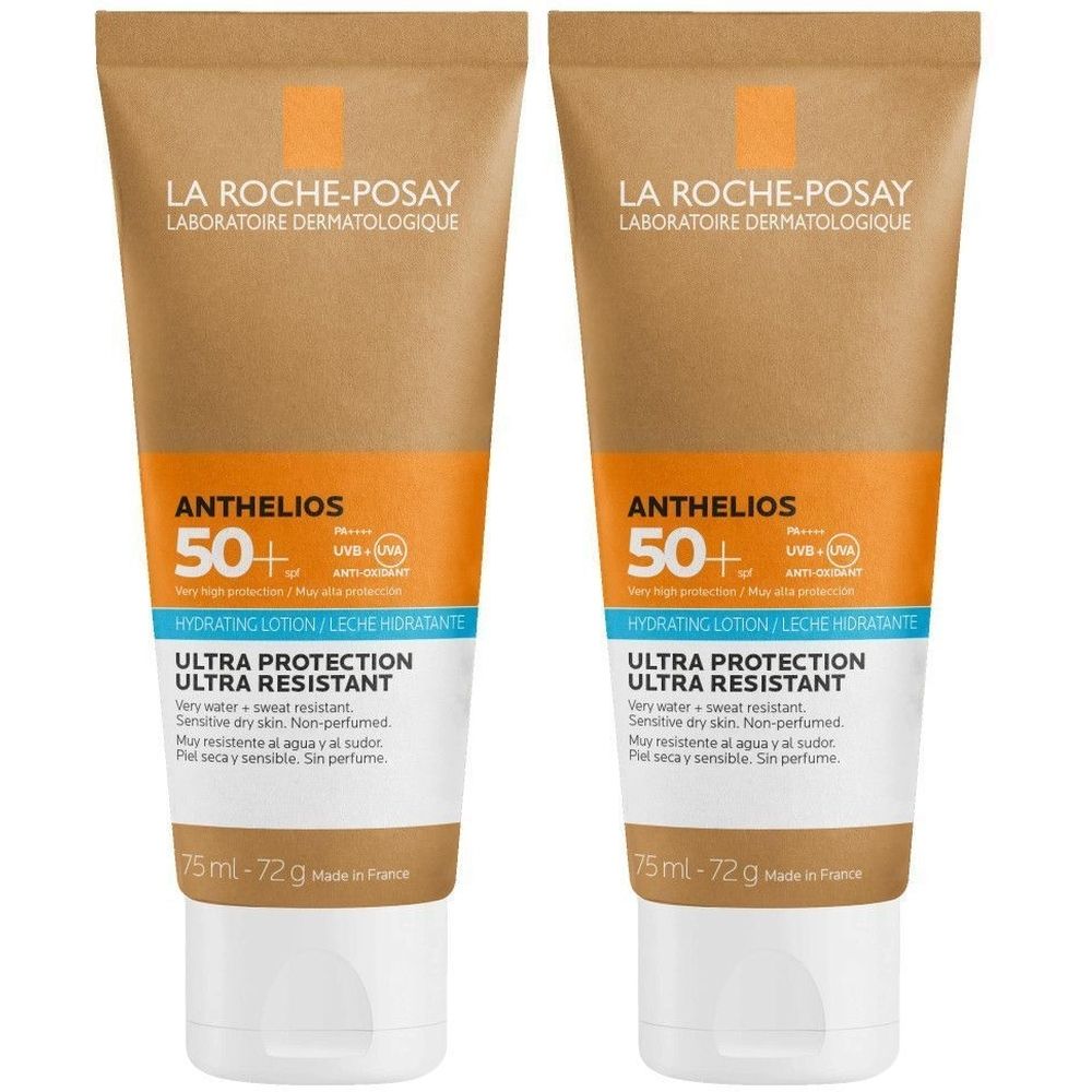 Twee tubes La Roche-Posay Anthelios 50+ zonnebrandcrème. Beige en oranje verpakking met witte dop. Tekst: Ultra Protection Ultra Resistant.
