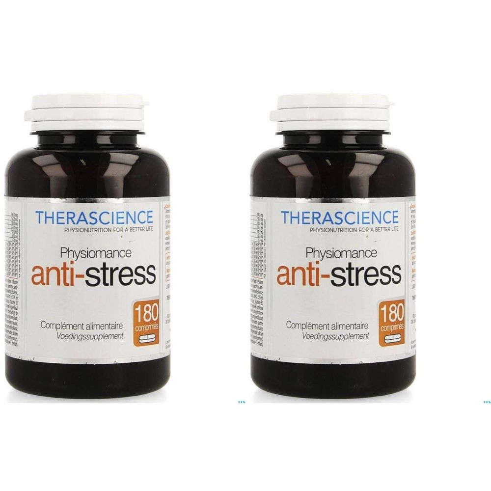 Twee bruine flessen met witte doppen. Op het etiket staat "Physiomance anti-stress" en "180 comp". 