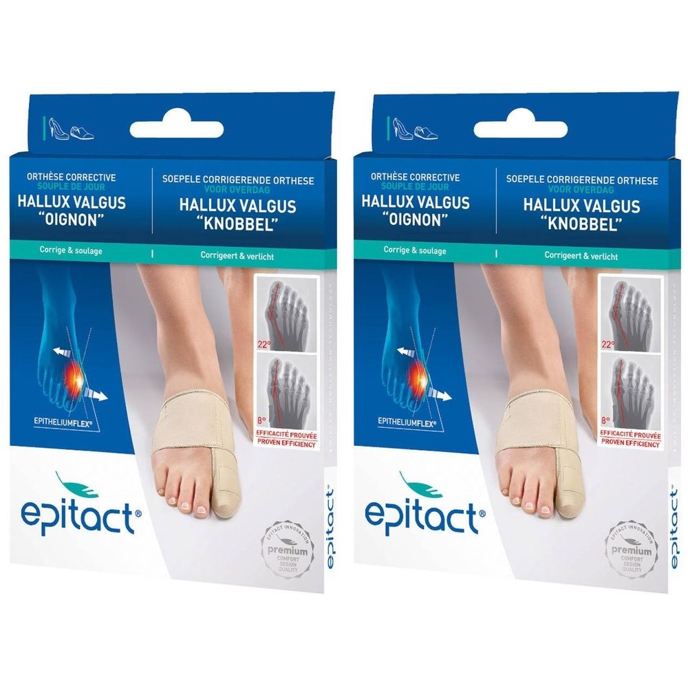 Deux boîtes d'orthèses Epitact® Hallux Valgus. Emballage bleu avec image du produit et pied avec orthèse. Marque Epitact® visible.