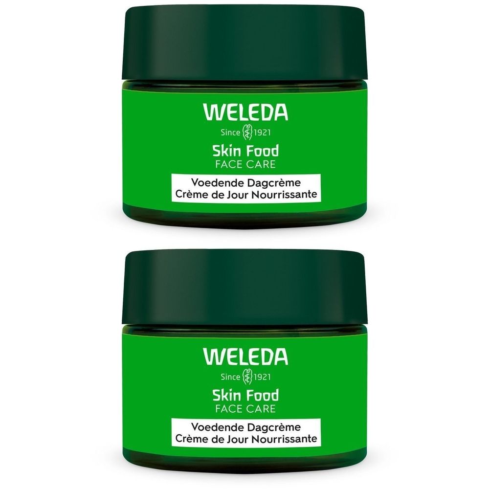 Twee groene potten met zwarte deksels. Opschrift: WELEDA Skin Food FACE CARE, Voedende Dagcrème Crème de Jour Nourrissante.
