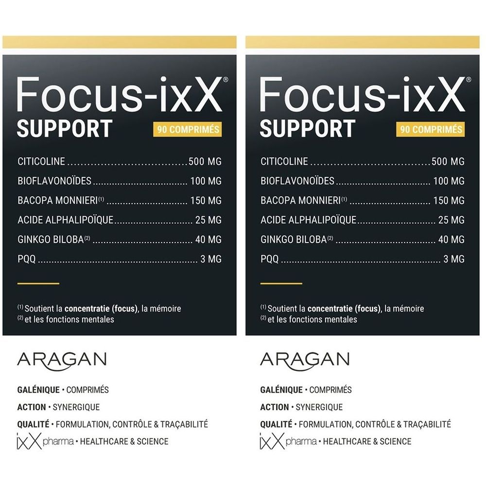 Deux boîtes de Focus-ixX SUPPORT, comprimés. Ingrédients : Citicoline, Bioflavonoïdes, Bacopa Monnieri, Acide Alphalipoïque, Ginkgo Biloba, PQQ.