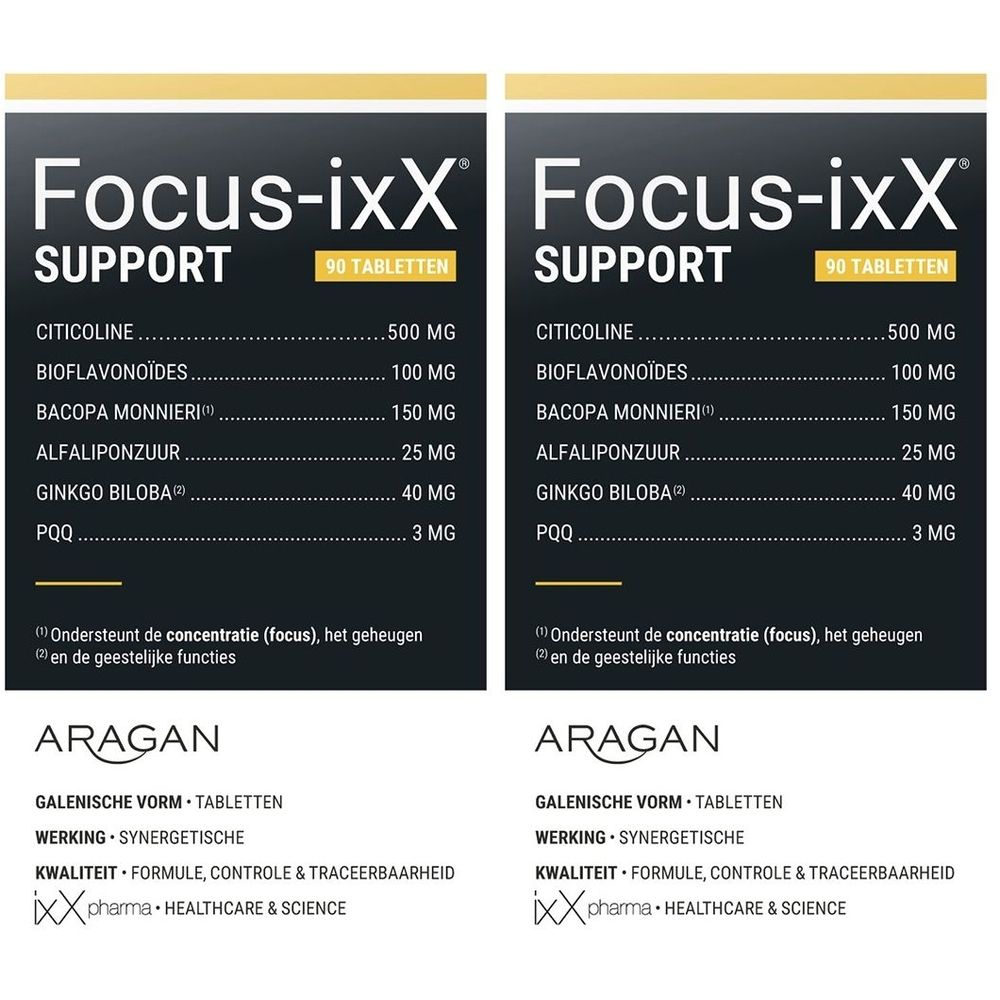 Twee verpakkingen Focus-ixX SUPPORT tabletten. Bevat: Citicoline, Bioflavonoïden, Bacopa Monnieri, Alfaliponzuur, Ginkgo Biloba, PQQ.