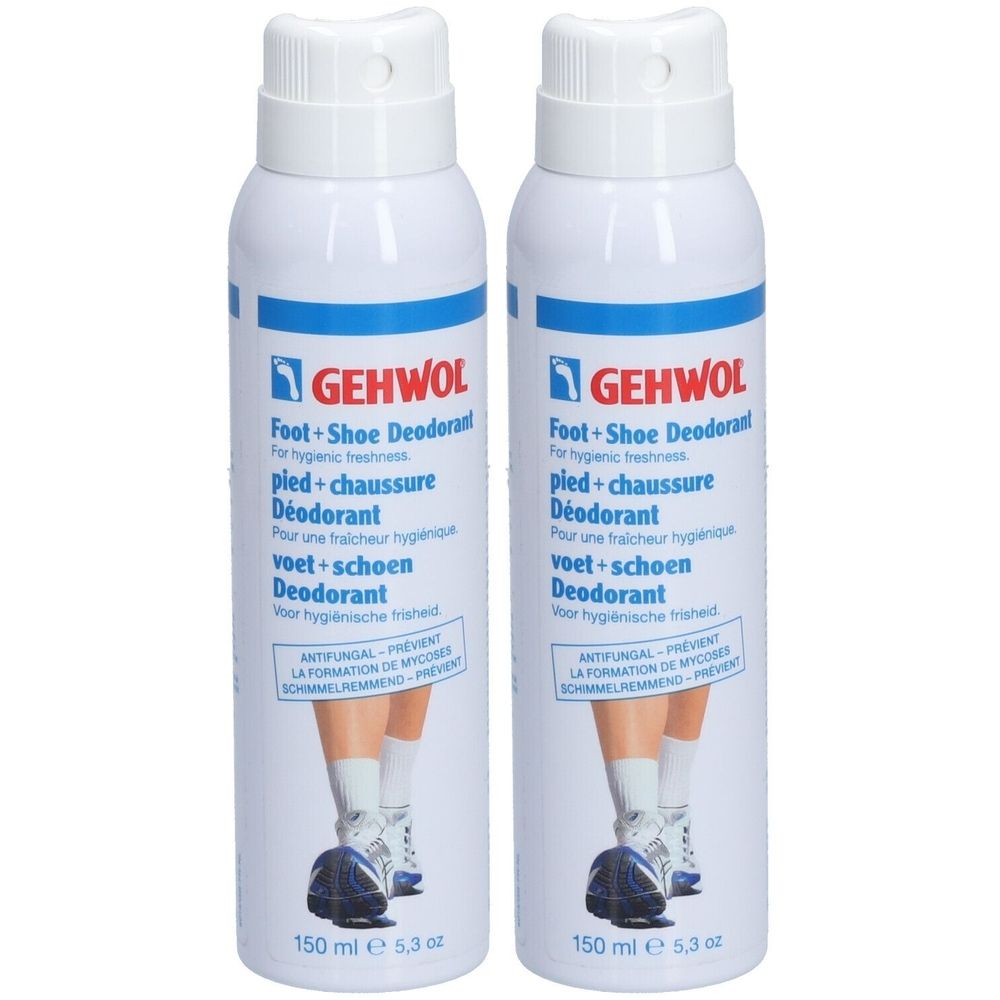 Deux flacons de déodorant pour pieds et chaussures GEHWOL. Inscription: Foot+Shoe Deodorant. Contenance: 150 ml.