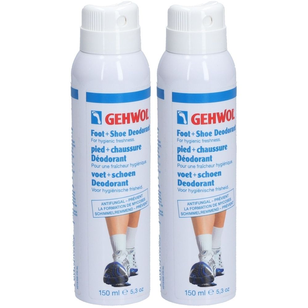 Deux flacons spray blancs avec texte bleu et rouge. Texte: Gehwol Foot + Shoe Deodorant. Illustration de pieds dans des chaussures.