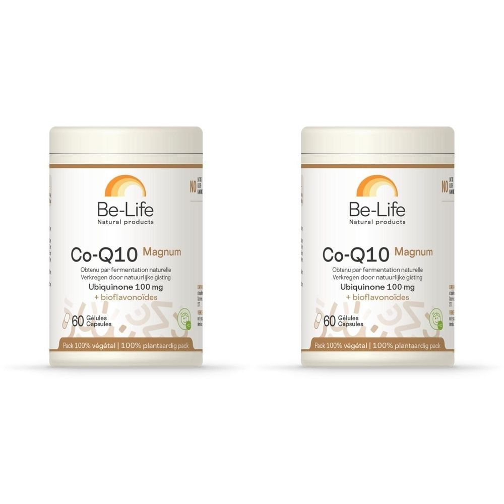 Deux flacons crème avec étiquettes. Inscription: Be-Life Co-Q10 Magnum Ubiquinone 100mg. 60 gélules. Produits naturels.