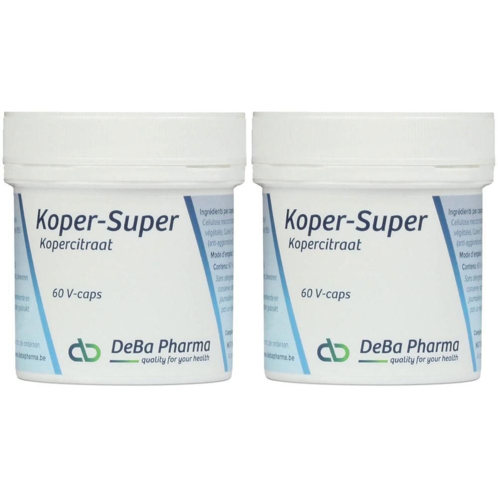 Twee witte potten met "Koper-Super". Daaronder "60 V-caps" en het logo van DeBa Pharma. Ingrediënten zichtbaar.