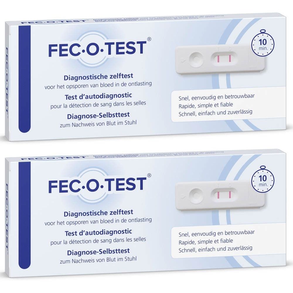 Deux boîtes de Fec-O-Test. Chaque boîte contient un test avec deux lignes rouges. Texte en allemand, néerlandais et français.