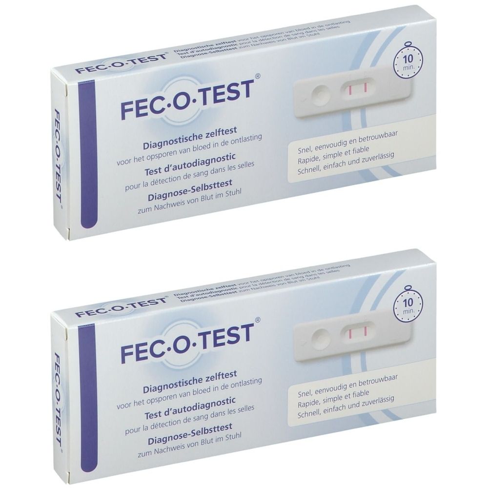 Twee Fec-O-Test verpakkingen. Witte dozen met productnaam en teststrip afbeelding. Tekst in het Duits, Frans, Nederlands.