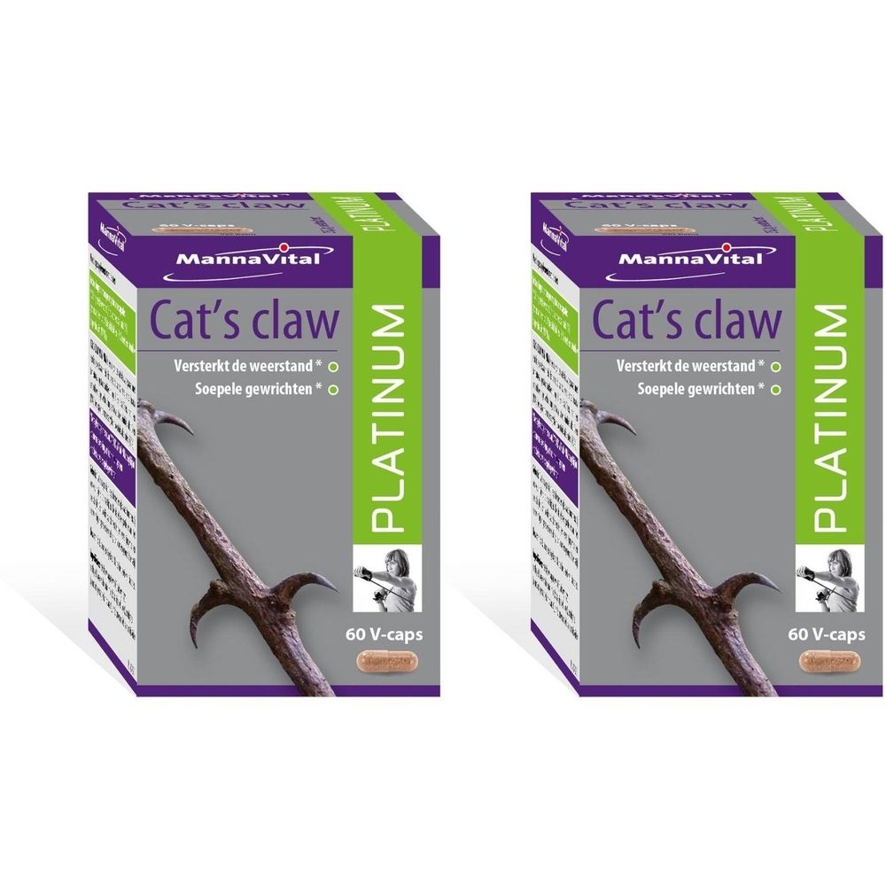 Twee rechthoekige dozen. Opschrift: MannaVital Cat's claw Platinum. 60 V-caps. Afbeelding van een kattenklauw.