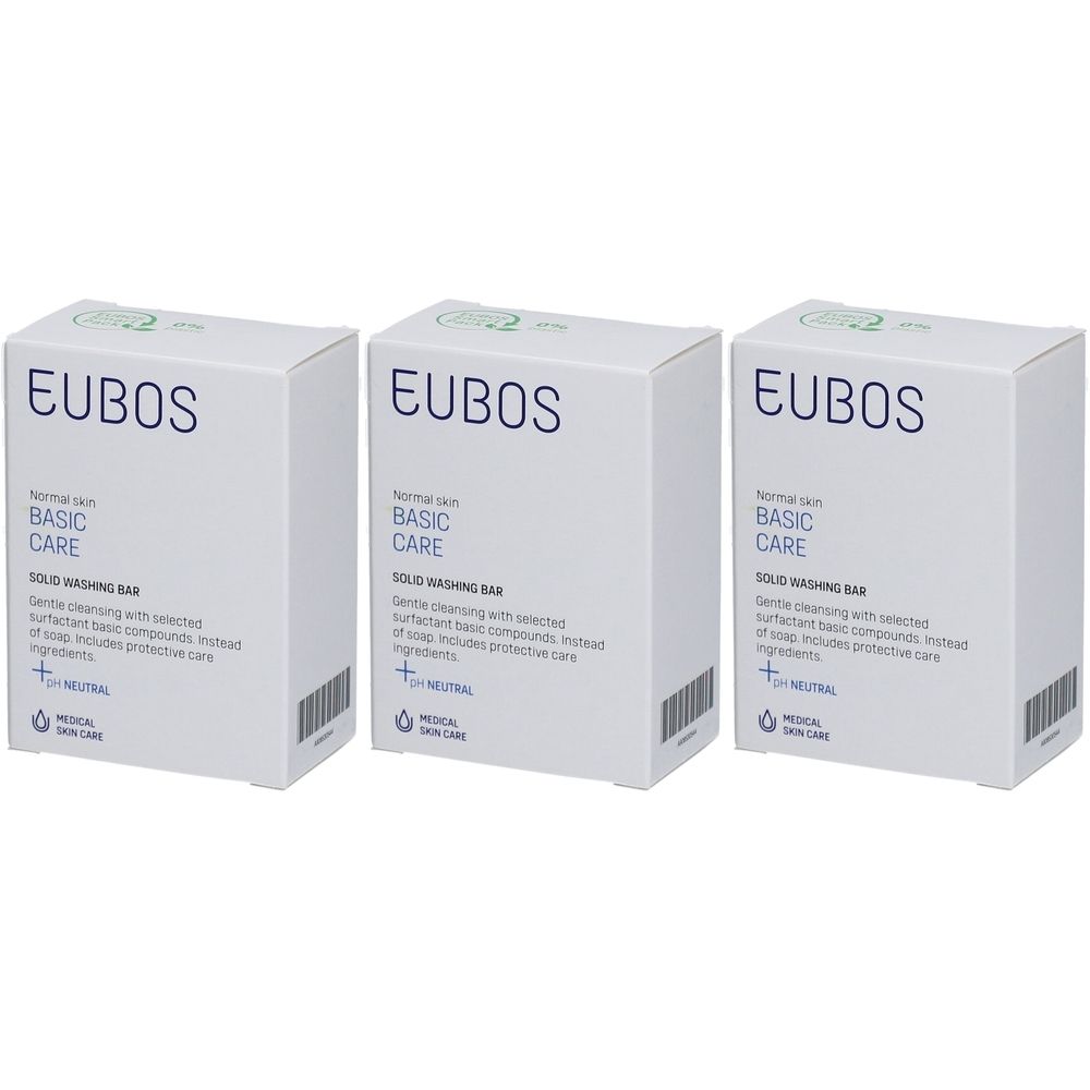 Drie witte dozen met EUBOS. Opschrift: Normal Skin, Basic Care, Solid Washing Bar. pH neutraal.