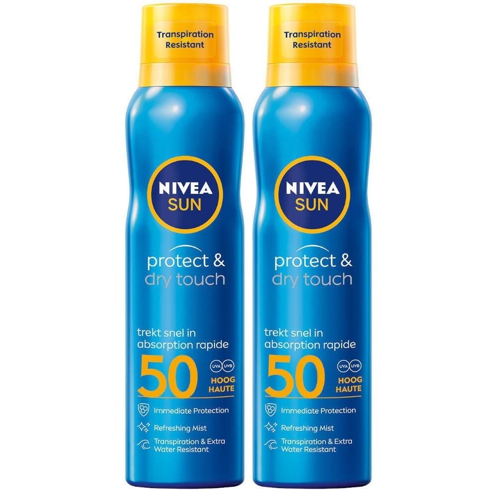 Twee blauwe sprays met gele doppen. Opschrift: NIVEA SUN, protect & dry touch, 50, HOOG HAUTE. Tekst: trekt snel in absorption rapide, Immediate Protection, Refreshing Mist.
