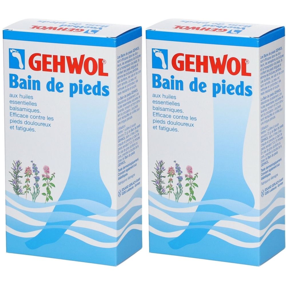 Deux boîtes de "GEHWOL Bain de pieds". Emballage bleu et blanc avec nom et logo du produit. Texte : "Efficace contre les pieds douloureux et fatigués".